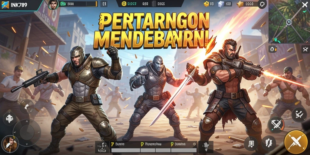 Screenshot gameplay INK789 dengan aksi tempur seru di arena Battle Royale.