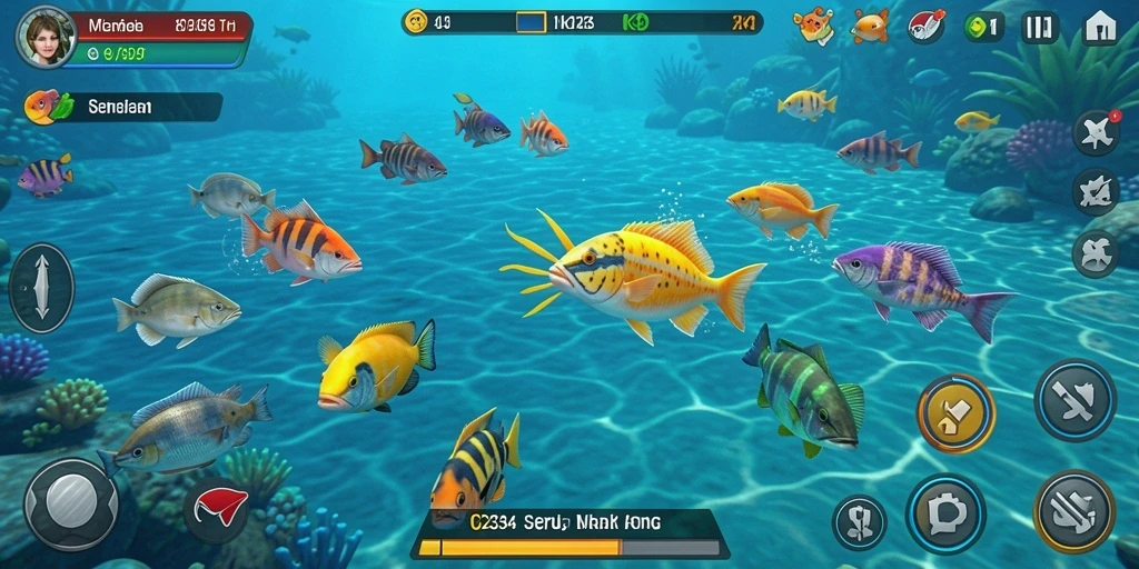 Tampilan gameplay K234 dengan berbagai ikan dan senjata.