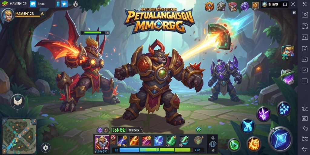 Screenshot gameplay MAMEN123 menampilkan pertarungan epik dalam dunia fantasi.